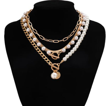 Chunky Pearl Layered Necklaces for Women Gold Big Statement Choker Necklace Set Charm Pearl Coin Pendant Necklace Trendy Jewelry Accessories Gifts - color: Gold1