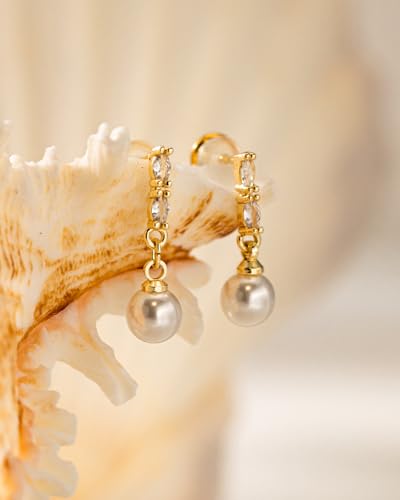 Pearl Earrings - 14K Gold/White Gold/Rose Gold Plated Cubic Zirconia CZ Diaomond Accented Pearl Drop Dangle Earrings for Women Wedding Bridal Prom - color: Drop 153