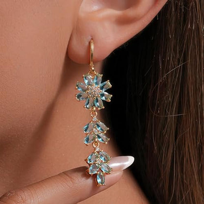 18K Gold Plated Flower Dangle Earrings for Women, Hypoallergenic Cubic Zirconia Earrings, Elegant CZ Drop Earrings, Statement Jewelry Gifts Party Fashion - style: 5297-Flower-Blue