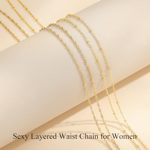 Yowivon Waist Chain for Women, 14K Gold Plated Body Chain, Dainty Cuban Layered Belly Beads Chains, Waterproof Adjustable Sexy Bikini Beach Jewelry Accessories Daily Belts Gifts - style: 2Pcs-Plain