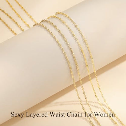 Yowivon Waist Chain for Women, 14K Gold Plated Body Chain, Dainty Cuban Layered Belly Beads Chains, Waterproof Adjustable Sexy Bikini Beach Jewelry Accessories Daily Belts Gifts - style: 2Pcs-Plain