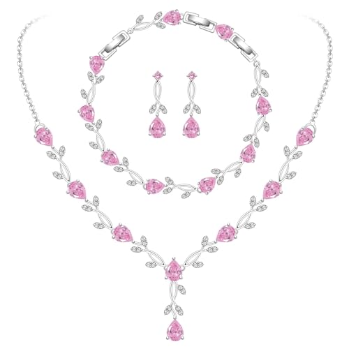 GZWHD Wedding Jewelry Sets for Bride Bridesmaid Women Cubic Zirconia Necklace Earrings Bracelet Set Gift for Mother Friend Wife Daughter Sister Party Prom Jewelry - color: Pink