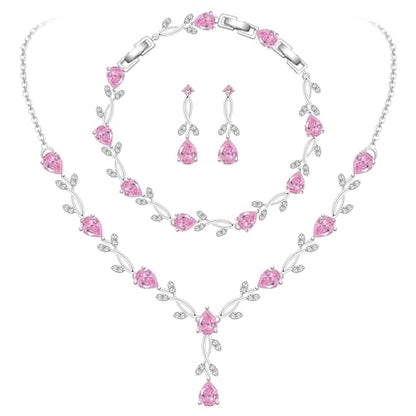 GZWHD Wedding Jewelry Sets for Bride Bridesmaid Women Cubic Zirconia Necklace Earrings Bracelet Set Gift for Mother Friend Wife Daughter Sister Party Prom Jewelry - color: Pink