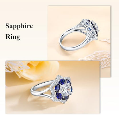 Flower Cocktail Ring for Women Stone Engagement Anniversary Rings | Sterling Silve|Hypoallergenic|Ruby|Sapphire|Emerald|Wedding and Birthday Party Women Statement Ring|Mother and Grandma Gift - color: Sapphire (Sep.)