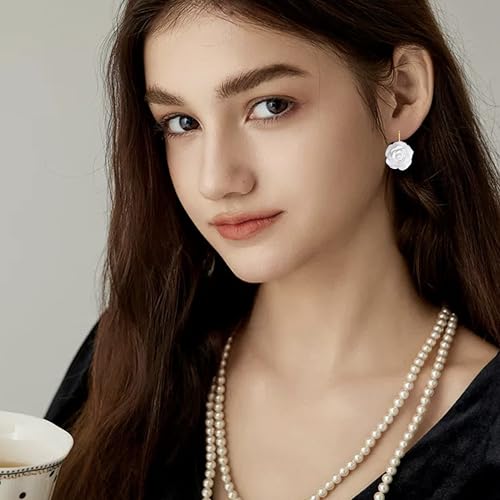 Handmade Bohemian Aesthetic Dainty Acrylic Flower Petal Leverback Earrings Sparkly 14K Gold Floral Dangle Drop Earrings for Women - color: Pure White