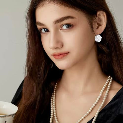 Handmade Bohemian Aesthetic Dainty Acrylic Flower Petal Leverback Earrings Sparkly 14K Gold Floral Dangle Drop Earrings for Women - color: Pure White