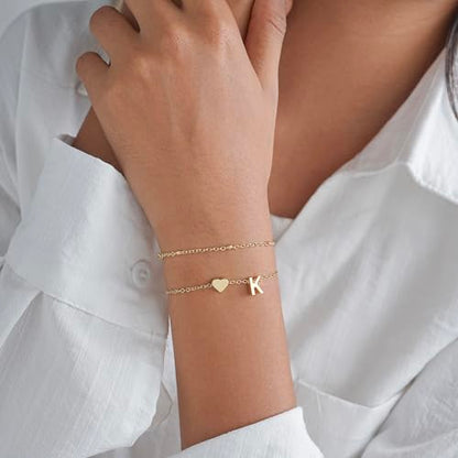 Gold Initial Bracelets for Women Trendy, Dainty Layered 14K Gold Plated Heart Letter Charm Bracelets, letter beads for name bracelets Jewelry Gifts - color: Gold-D