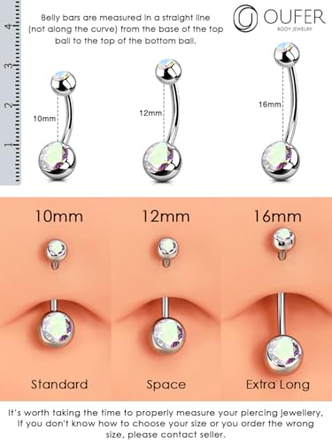 OUFER Titanium Belly Button Rings, Internally Threaded Belly Ring, Round CZ Navel Rings for Women Men - color: AB CZ, size: 1.6*10MM
