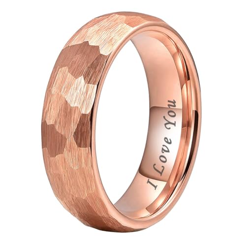 TUTISS 6mm 8mm Silver/Black/Gold/Rose Gold Hammered Tungsten Rings for Men Women Couple Fashion Jewelry Engagement Wedding Bands Domed Matte Finish Comfort Fit - color: 6mm Rose Gold I Love You Engraved