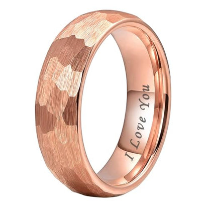 TUTISS 6mm 8mm Silver/Black/Gold/Rose Gold Hammered Tungsten Rings for Men Women Couple Fashion Jewelry Engagement Wedding Bands Domed Matte Finish Comfort Fit - color: 6mm Rose Gold I Love You Engraved