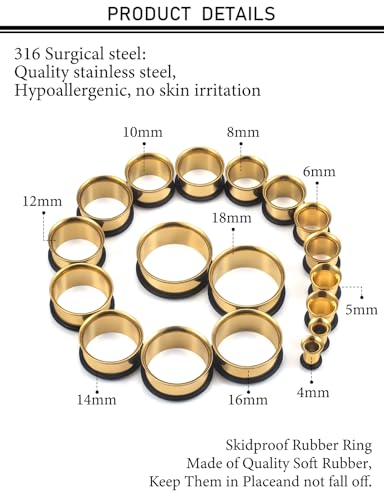 12G-25mm Single Flared Gauges Tunnels Stretching Kit 316L Surgical Steel O-ring Ear Gauges Plugs Earring Lobe flesh Tunnel Gauge Stretcher Silver Black Gold Color Tone - color: Gold, size: 6g/4g/2g/0g/00g/12mm/14mm/16mm18mm