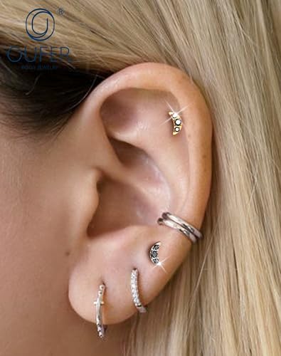 OUFER Body Piercing Titanium Flat Back Nose Stud 18G Moon Cartilage Earring Studs 6MM Threadless Helix Tragus Piercing Jewelry for Women Black Lip Piercing Jewelry - color: gold