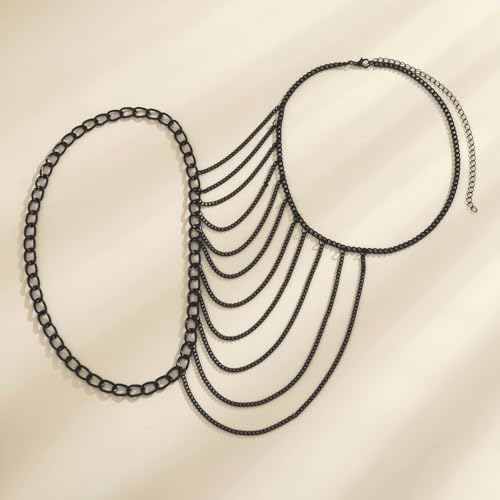 Bethynas Gothic Black Shoulder Chain Necklace Punk Layered Tassel Body Chain Sexy Bra Bikini Cape Wrap Accessories for Women