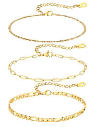 ChainsPro Stainless Steel Waterproof Anklet for Women, Adjustable Non Tarnish Layered Anklets, Trendy Dainty Cuban Link Ankle Bracelet Beach Jewelry Gifts for Swimming & Daily Wear (8.5+2 inches) - style: 3pcs-Style-B-Gold