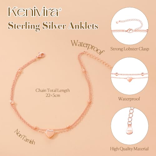 Kenivira 925 Sterling Silver Ankle Bracelets For Women Dainty Layered Waterproof 18K Gold Plated Anklets For Women Beach Adjustable Anklet Foot Jewellery - color: rose gold-heart