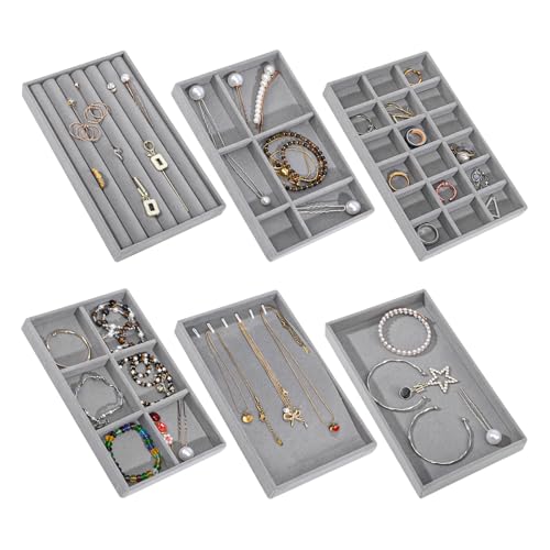 Stackable Jewelry Organizer Trays, 6-Piece Velvet Set, Gray | Removable Dividers, Soft Velvet Lining, Stackable Drawer Trays For Earrings, Rings, Bracelets And Necklaces - color: Gray
