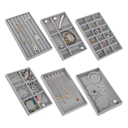 Stackable Jewelry Organizer Trays, 6-Piece Velvet Set, Gray | Removable Dividers, Soft Velvet Lining, Stackable Drawer Trays For Earrings, Rings, Bracelets And Necklaces - color: Gray