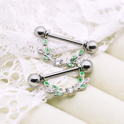 2pcs 14G Nipple Rings Flower Nipple Bars Surgial Steel 316L Nipple Piercing Jewelry Heart Nipple Barbell for Women - color: GREEN round