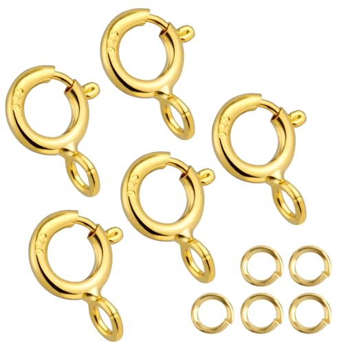 18K Gold Necklace Clasps for Jewelry Making - 5mm Spring Ring Clasps | Jewelry Clasps and Closures, 4mm Sterling Silver Jump Rings, Bracelet for DIY Jewelry Making Supplies - color: Gold