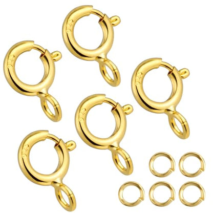 18K Gold Necklace Clasps for Jewelry Making - 5mm Spring Ring Clasps | Jewelry Clasps and Closures, 4mm Sterling Silver Jump Rings, Bracelet for DIY Jewelry Making Supplies - color: Gold