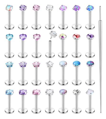 Besteel 28Pcs Threadless Nose Rings Studs Set Surgical Steel Lip Nostril Labret Medusa Piercing Jewelry Push in Tragus Conch Helix Flat Back Earrings for Women Men 16G 18G 20G 6/8mm - style: 16G-6MM