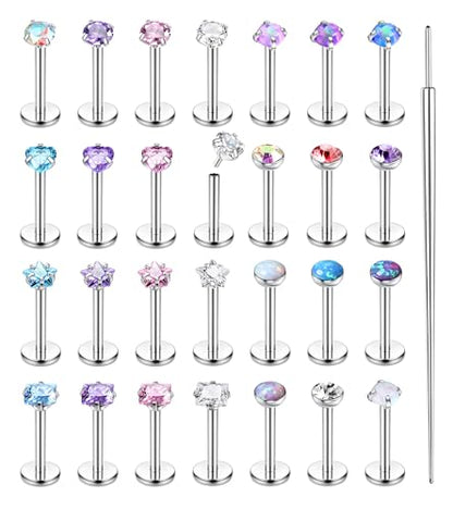 Besteel 28Pcs Threadless Nose Rings Studs Set Surgical Steel Lip Nostril Labret Medusa Piercing Jewelry Push in Tragus Conch Helix Flat Back Earrings for Women Men 16G 18G 20G 6/8mm - style: 16G-6MM
