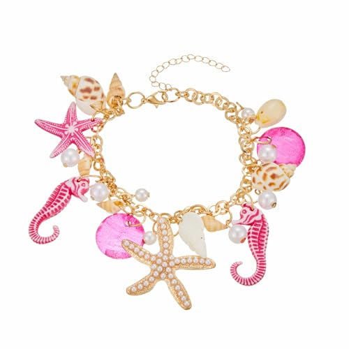 Spiritrain Handmade Starfish Seashell Pearl Bracelets for Women Gold Plated Bohemian Charm Sea Shell Couch Beads Adjustable Chain Anklet Bracelets Hawaiian Beach Holiday Mermaid Costume Jewelry Gifts - color: Rose red