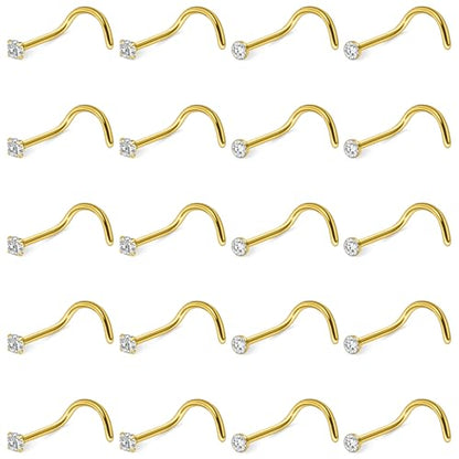 Hoeudjo Nose Studs Surgical Steel Cubic Zirconia Nose Rings Kit for Women Men Tiny Nose Stud Screw & Bone & L Shaped Nostril Piercing Jewelry 24-18 Gauge 20 Pieces Set - color: gold-tone,screw nose studs, size: 24g/2.0mm clear CZ
