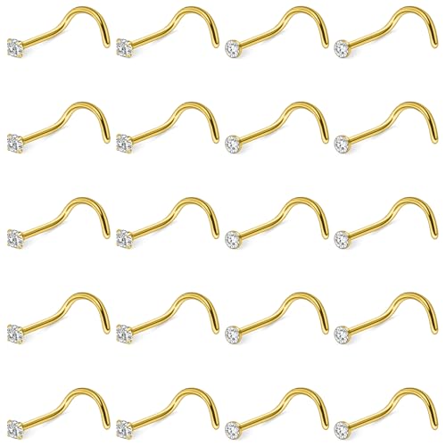 Hoeudjo Nose Studs Surgical Steel Cubic Zirconia Nose Rings Kit for Women Men Tiny Nose Stud Screw & Bone & L Shaped Nostril Piercing Jewelry 24-18 Gauge 20 Pieces Set - color: gold-tone,screw nose studs, size: 22g/2.0mm clear CZ