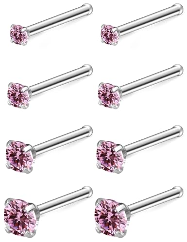 Hoeudjo Hypoallergenic Nose Rings Studs 24G Surgical Stainless Steel Cubic Zirconia Nose Studs for Women Men Screw & Bone & L Shaped Nostril Piercing Jewelry with 1.5mm 2mm 2.5mm 3mm CZ - color: silvertone(pink CZ),nose bone studs