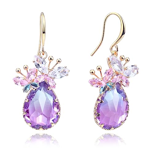 Crystal Teardrop Earrings CZ Butterfly Earrings Gold Dangle Earrings Jewelry Gift for Women - color: Purple..