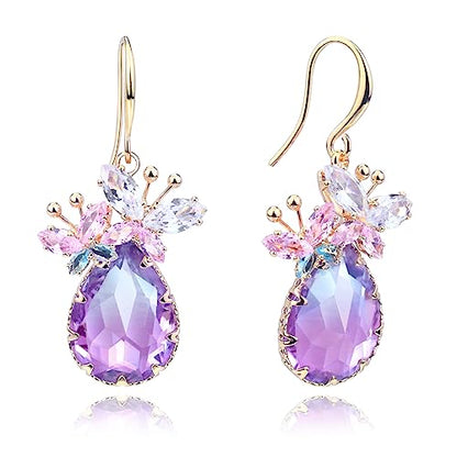 Crystal Teardrop Earrings CZ Butterfly Earrings Gold Dangle Earrings Jewelry Gift for Women - color: Purple..