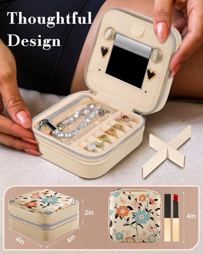 Bistup Travel Jewelry Case - Small Jewelry Organizers and Storage Box for Women Girls Teens Cute Traveling Jewelry Holder with Mirror Little Tiny Compact Blue Floral Modern Unique Aesthetic Pretty - style: Blue Flower