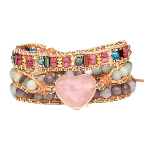Women Wrap Bracelets Boho Natural Stone Jasper Turquoises Strand Bracelet Jewelry Collection - color: Pink