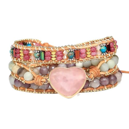 Women Wrap Bracelets Boho Natural Stone Jasper Turquoises Strand Bracelet Jewelry Collection - color: Pink