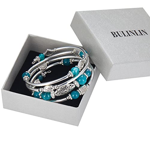 BULINLIN Layered Wrap Bangle Turquoise Bracelet - Bead Bracelet with Natural Agate Stone, Gifts For Women - color: 03-Sea green