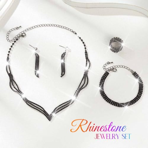 Rhinestone Bridal Wedding Jewelry Sets Black Necklace Earrings Bracelet Ring Set Prom Formal Costume Jewelry Set for Women and Brides - color: Black