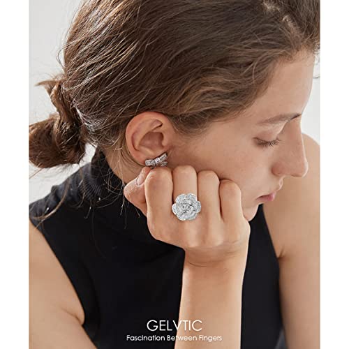 Cocktail Rings Silver Rose Flower Ring for Women Adjustable 18K Gold Plated Snowflake Open Wrap Wedding Statement Valentine Gift for Lover Wife Christmas - style: JZ06 Flower Ring-Silver