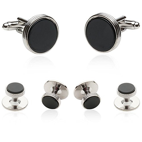 Men's Tuxedo Cufflinks and Studs Set – Genuine Black Onyx & Silver Tone Formal Jewelry – Wedding, Black Tie, Gala & Formal Dinner Accessories – Groomsmen Gift in Presentation Box