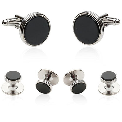 Men's Tuxedo Cufflinks and Studs Set – Genuine Black Onyx & Silver Tone Formal Jewelry – Wedding, Black Tie, Gala & Formal Dinner Accessories – Groomsmen Gift in Presentation Box