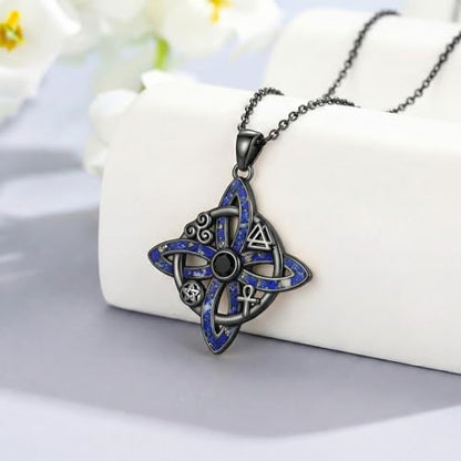 Witch Necklace 925 Sterling Silver Pentagram Triple Moon Pentacle Pendant Wiccan Pagan Jewelry Witchy Gifts for Women - style: Witches Knot-Lapis Lazuli