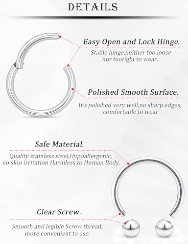 18G-2G Septum Rings 316L Surgical Steel Horseshoe Gauges Earrings Septum Nose Ring Silver Cartilage Helix Tragus Daith Rook Earring Hoop Lip Piercing Jewelry for Women Men - style: 16G(1.2mm)-Dia:10mm