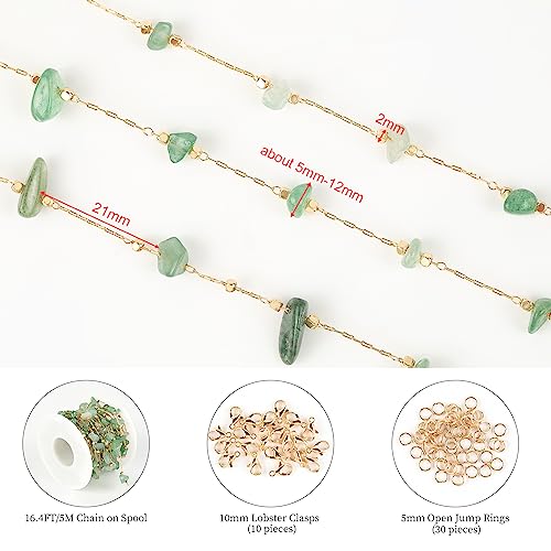 KYUNHOO 16.4 FT Green Raw Gemstones Jewelry Chain for Making Jewelry Crafts | Gold Plated Brass Chains for Necklace Bracelet DIY Thin Paperclip Link Natural Stone Chain with Clasps - color: Natural Stone-Green