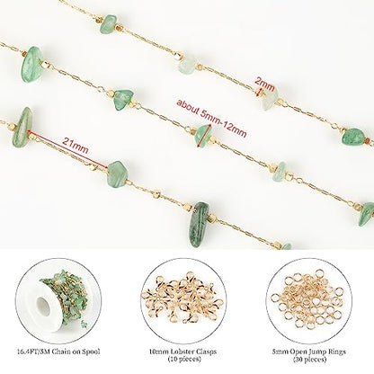 KYUNHOO 16.4 FT Green Raw Gemstones Jewelry Chain for Making Jewelry Crafts | Gold Plated Brass Chains for Necklace Bracelet DIY Thin Paperclip Link Natural Stone Chain with Clasps - color: Natural Stone-Green