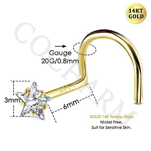 14k Solid Gold Nose Stud, Yellow Gold, 3mm Star,Hypoallergenic | S Shape Nose Ring, For Women, 14K Real Screw Nostril Stud, Hypoallergenic