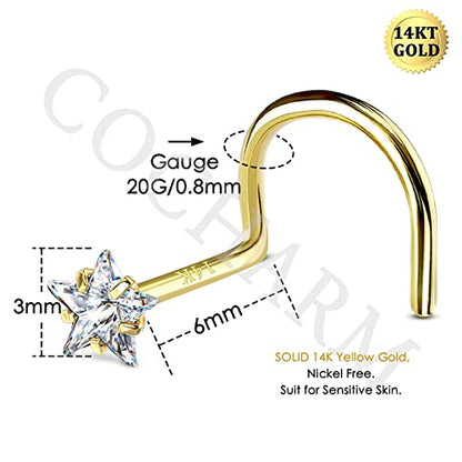 14k Solid Gold Nose Stud, Yellow Gold, 3mm Star,Hypoallergenic | S Shape Nose Ring, For Women, 14K Real Screw Nostril Stud, Hypoallergenic
