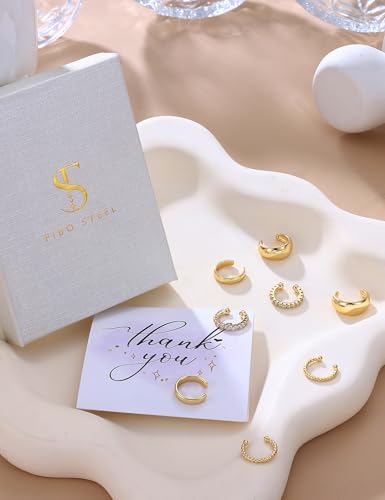 4Pairs 14K Gold Plated Ear Cuff Earrings for Women Non Piercing Jewelry | Hypoallergenic Earring Cuff for Sensitive Ears 14K Gold Silver Plated Non Tarnish Clip On Cartilage Fake Earring Set Trendy - color: 16K Gold Tone-Chic