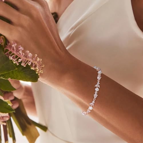 EVER FAITH Gorgeous Cubic Zirconia Pearl Wedding Link Bracelet for Bride | Marquise Teardrop Crystal Bridal Prom Jewelry, for Women Bridesmaids - style: Drop_Clear Rose Gold-Tone