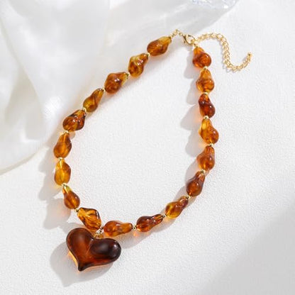 Chunky Heart Necklaces for Women Colorful Resin Beaded Necklaces for Women Gold Puffy Heart Statement Necklace Trendy Acrylic Choker Jewelry Gift - color: A
