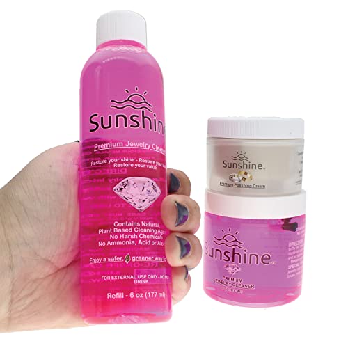 Sunshine Premium Jewelry Cleaner – 4oz Cleaner with Brush, 6oz Refill Bottle and 1.5oz Polishing Cream – Safe to Use on Gemstones, Soft Stones, Precious Metals on All Types of Jewelry